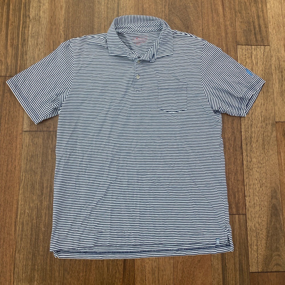 Peter Millar Summer Comfort Navy Blue White Striped Polo Shirt - Size Large